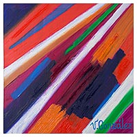 'Convergence' - Signed Abstract Painting with Oblique Lines from Peru