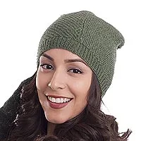 100% baby alpaca hat, 'Avocado Honeycomb' - 100% Baby Alpaca Hat in Avocado from Peru