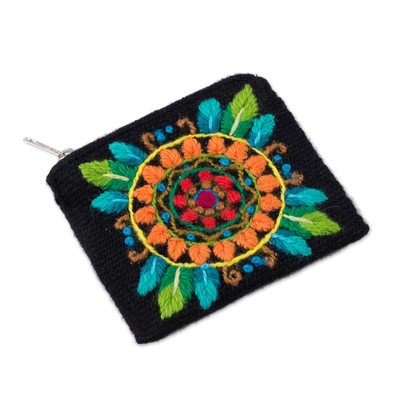 Alpaca blend coin purse, 'Colorful Mandala' - Floral Embroidered Alpaca Blend Coin Purse in Black