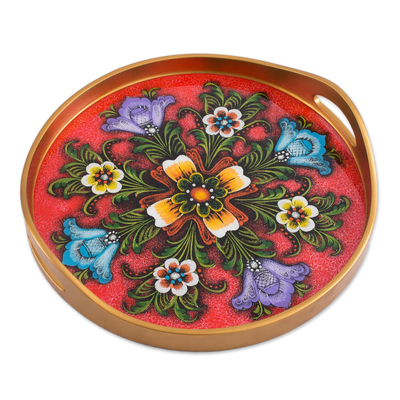 Reverse-painted glass tray, 'Tulip Beauty in Red' - Tulip Motif Reverse-Painted Glass Tray in Red from Peru