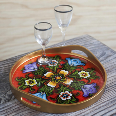 Reverse-painted glass tray, 'Tulip Beauty in Red' - Tulip Motif Reverse-Painted Glass Tray in Red from Peru