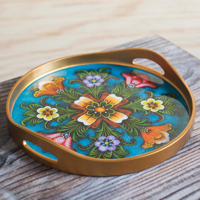 Reverse-painted glass tray, 'Tulip Beauty in Blue' - Tulip Motif Reverse-Painted Glass Tray in Blue from Peru