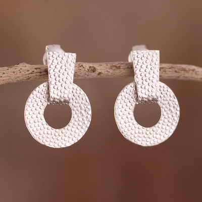 Sterling silver dangle earrings, 'Textured Discs' - Disc-Shaped Sterling Silver Dangle Earrings from Peru