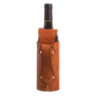 Leather wine carrier, 'Fleur de Lis' - Leather Fleur de Lis Wine Carrier from Peru