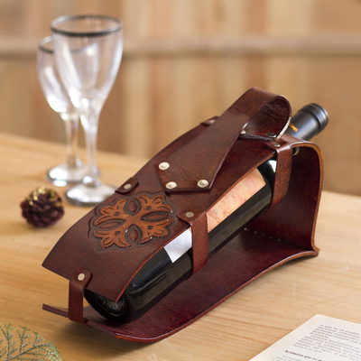 Leather wine carrier, 'Gothic Cross' - Leather Cross Motif Wine Carrier from Peru