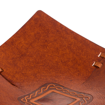 Leather catchall, 'Square Lasso' - Square Pattern Leather Catchall from Peru