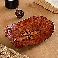 Leather catchall, 'Gothic Flower' - Handcrafted Leather Catchall from Peru