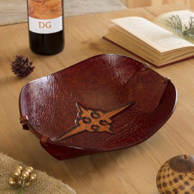 Leather catchall, 'Gothic Elegance' - Cross Pattern Leather Catchall from Peru