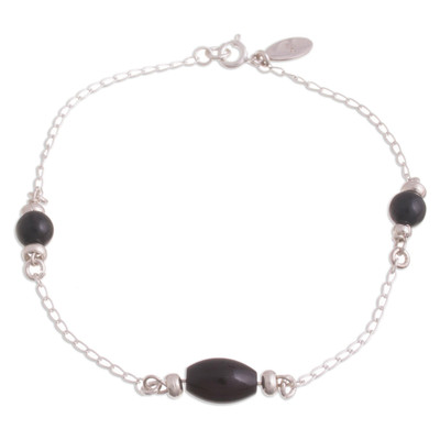 Obsidian station anklet, 'Obsidian Elegance' - Natural Obsidian Station Anklet from Peru