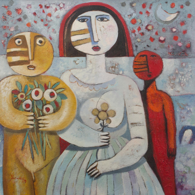 Signed Cubist Painting of Two Lovers from Peru