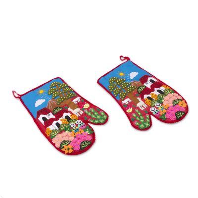 Cotton blend decorative oven mitts, 'Andean Nature' (pair) - Patchwork Cotton Blend Decorative Oven Mitts (Pair)
