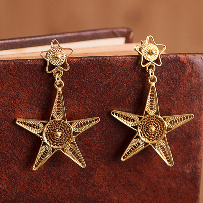 Gold plated sterling silver filigree dangle earrings, 'Starry Cosmos' - Gold Plated Sterling Silver Filigree Star Earrings from Peru