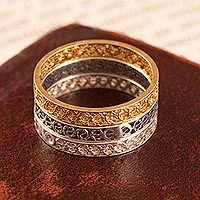 Gold plated and sterling silver filigree band rings, 'Colonial Trilogy' (set of 3) - Three Gold Plated and Sterling Silver Filigree Band Rings