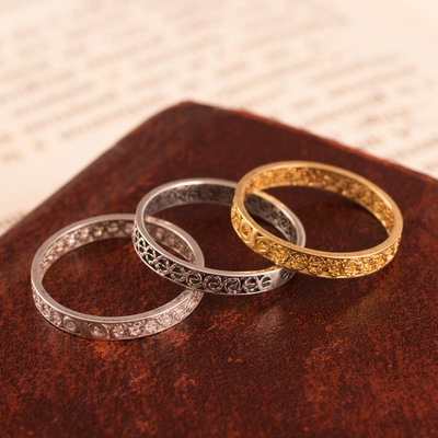 Gold plated and sterling silver filigree band rings, 'Colonial Trilogy' (set of 3) - Three Gold Plated and Sterling Silver Filigree Band Rings