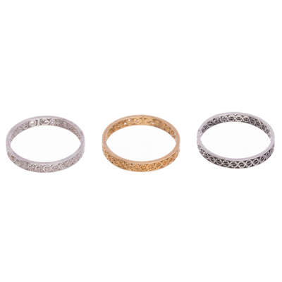 Gold plated and sterling silver filigree band rings, 'Colonial Trilogy' (set of 3) - Three Gold Plated and Sterling Silver Filigree Band Rings