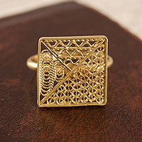 Gold plated sterling silver filigree cocktail ring, 'Colonial Square' - Gold Plated Sterling Silver Filigree Cocktail Ring from Peru