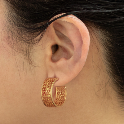 Gold plated sterling silver filigree half-hoop earrings, 'Colonial Sophistication' - Gold Plated Sterling Silver Filigree Half-Hoop Earrings