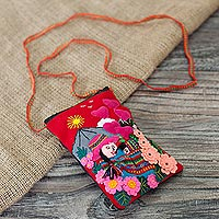 Cotton blend cell phone bag, 'Mama of the Andes' - Handcrafted Arpillera Cotton Blend Cell Phone Bag from Peru