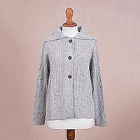 Alpaca blend cardigan, 'Pearl Grey Enchantment' - Cable Knit Alpaca Blend Cardigan in Pearl Grey from Peru