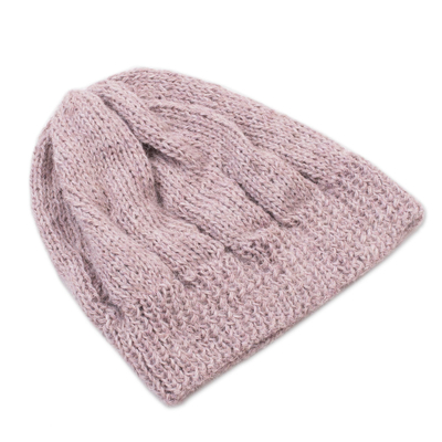 100% alpaca knit hat, 'Andean Comfort in Mauve' - Hand-Knit 100% Alpaca Hat in Mauve from Peru