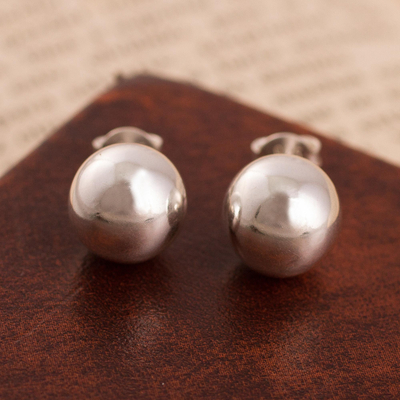Sterling silver stud earrings, 'Gleaming Orbs' - Round Sterling Silver Stud Earrings Crafted in Peru