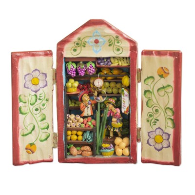 Wood retablo, 'Fruit Shop' - Hand-Painted Wood Fruit Shop Retablo from Peru