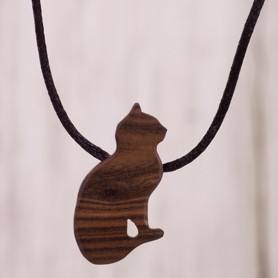 Wood pendant necklace, 'Sweet Cat' - Handcrafted Wood Cat Pendant Necklace from Peru