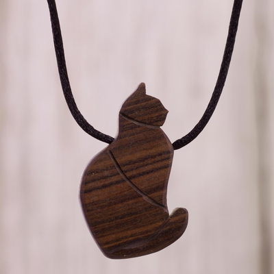 Wood pendant necklace, Obedient Cat