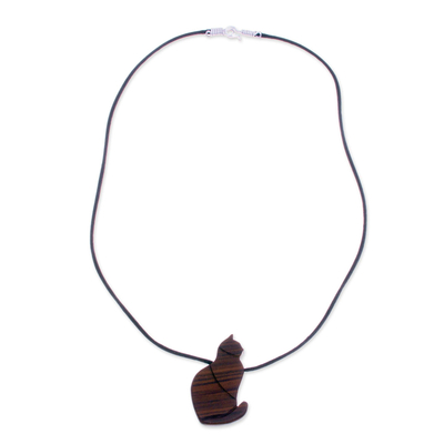 Wood pendant necklace, 'Obedient Cat' - Guacayan Wood Cat Pendant Necklace from Peru