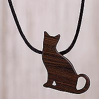 Wood pendant necklace, 'Watchful Cat' - Handmade Wood Cat Pendant Necklace from Peru