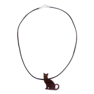 Wood pendant necklace, 'Watchful Cat' - Handmade Wood Cat Pendant Necklace from Peru