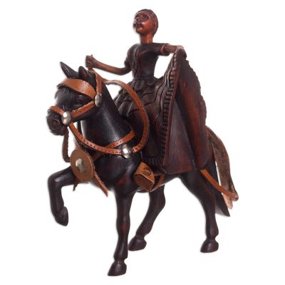 Leather accented cedar wood sculpture, 'Marinera Dance on Horse' - Leather Accented Cedar Wood Marinera Sculpture from Peru