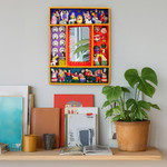 Wood wall mirror, 'Ayacucho Birth' - Retablo-Style Nativity Wood Wall Mirror from Peru