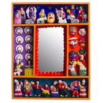 Wood wall mirror, 'Ayacucho Birth' - Retablo-Style Nativity Wood Wall Mirror from Peru