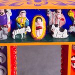 Wood wall mirror, 'Ayacucho Birth' - Retablo-Style Nativity Wood Wall Mirror from Peru