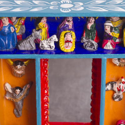 Wood wall mirror, 'Nativity Reflection' - Nativity-Themed Wood and Ceramic Wall Mirror from Peru
