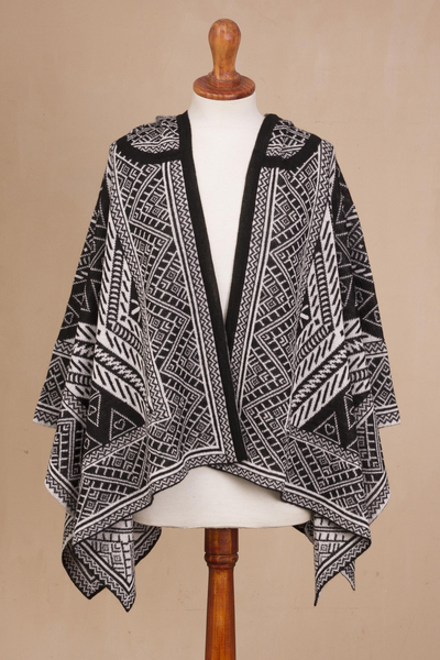 Knit Alpaca Blend Ruana In Black And White From Peru Game Of Aces In Black Novica