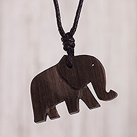 Wood pendant necklace, 'Mystical Force' - Hand-Carved Wood Elephant Pendant Necklace from Peru