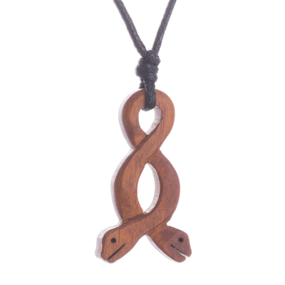 Wood Pendant Necklace of a Two-Headed Snake from Peru