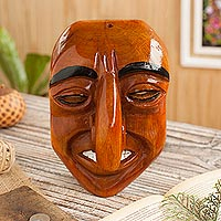 Wood mask, 'Jovial Huaconada' - Smiling Huaconada Dance Wood Mask from Peru