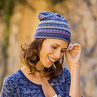 100% alpaca hat, 'Blue Mountain Range' - 100% Alpaca Knit Hat in Blue from Peru