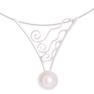 Cultured pearl pendant necklace, 'Pearly Waves' - Wave Motif Cultured Pearl Pendant Necklace from Peru