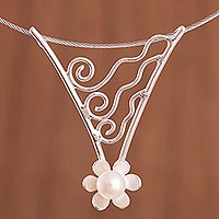 Cultured pearl pendant necklace, 'Flowering Pearl' - Wavy Floral Cultured Pearl Pendant Necklace from Peru