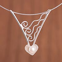 Cultured pearl pendant necklace, 'Pearl of the Heart' - Wavy Heart-Shaped Cultured Pearl Pendant Necklace from Peru
