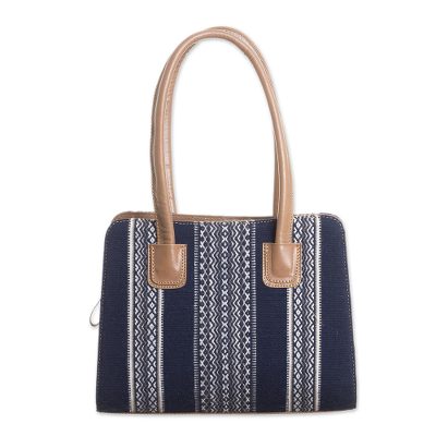 Handwoven Leather Accented Wool Blend Handle Handbag