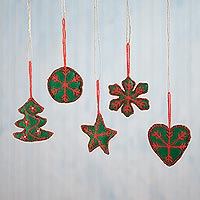 Embroidered Ornaments in Viridian from Peru (Set of 5),'Peruvian Christmas in Viridian'