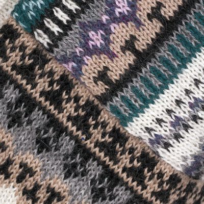 100% alpaca cardigan, 'Patchwork' - Ivory and Multi-Color Patchwork 100% Alpaca Knit Cardigan