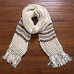 100% Baby Alpaca Antique White and Brown Hand Knit Scarf, 'Cocoa Rivers'