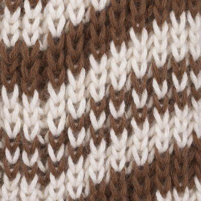 100% baby alpaca scarf, 'Cocoa Rivers' - 100% Baby Alpaca Antique White and Brown Hand Knit Scarf