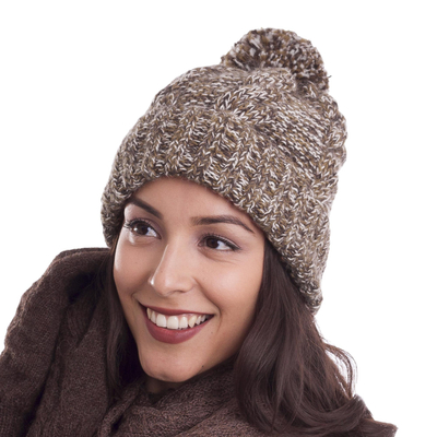 100% alpaca knit hat, 'Chocolate River' - Brown and White 100% Alpaca Hand Knit Cable Stitch Hat